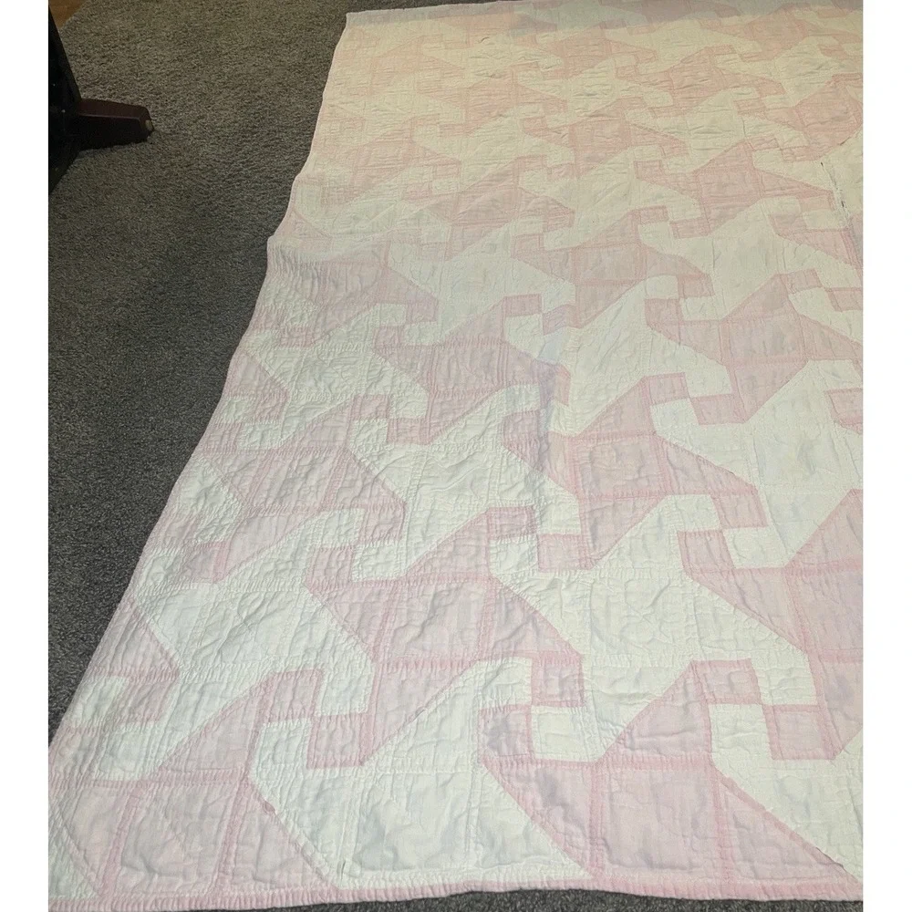 VTG ANTIQUE HANDMADE QUILT 69x69 Drunkard's Path Pink White Cottage 1920's Loved